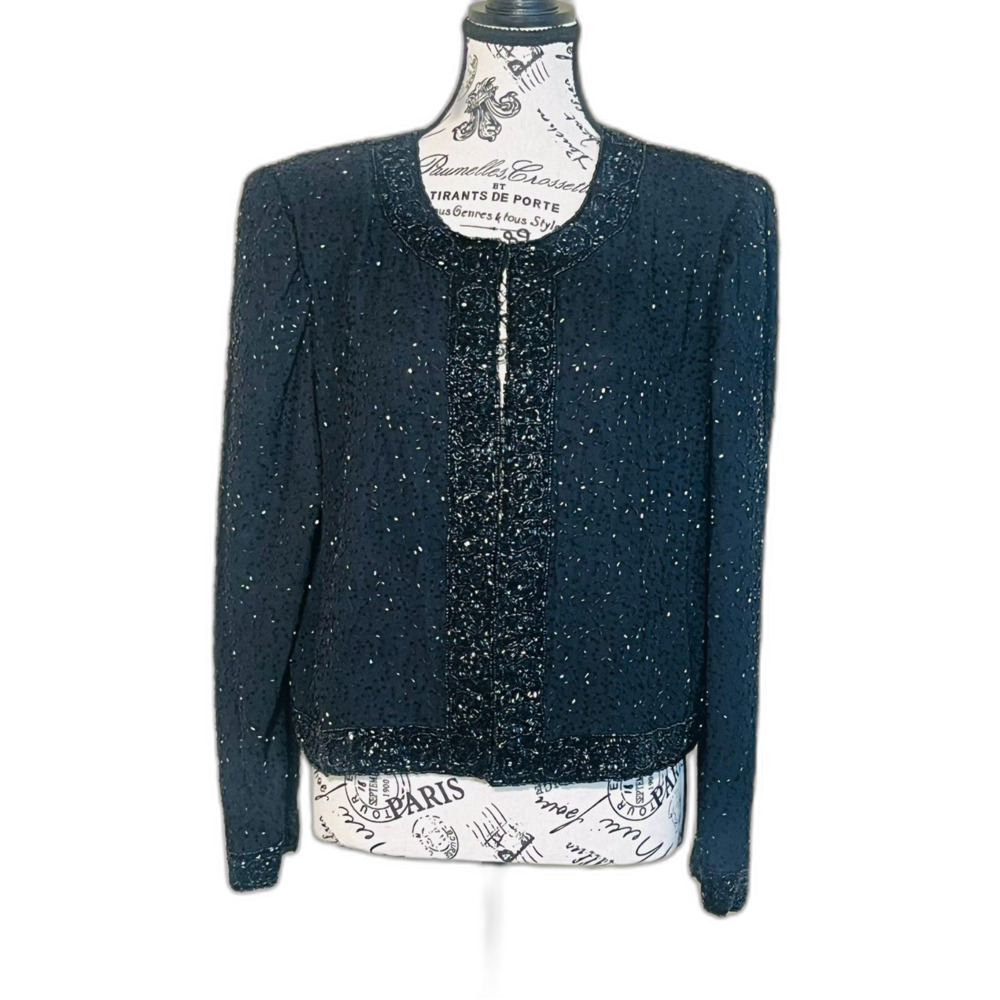 VTG Laurence Kazar Black Silk Beaded Evening Blazer Medium Formal Holiday